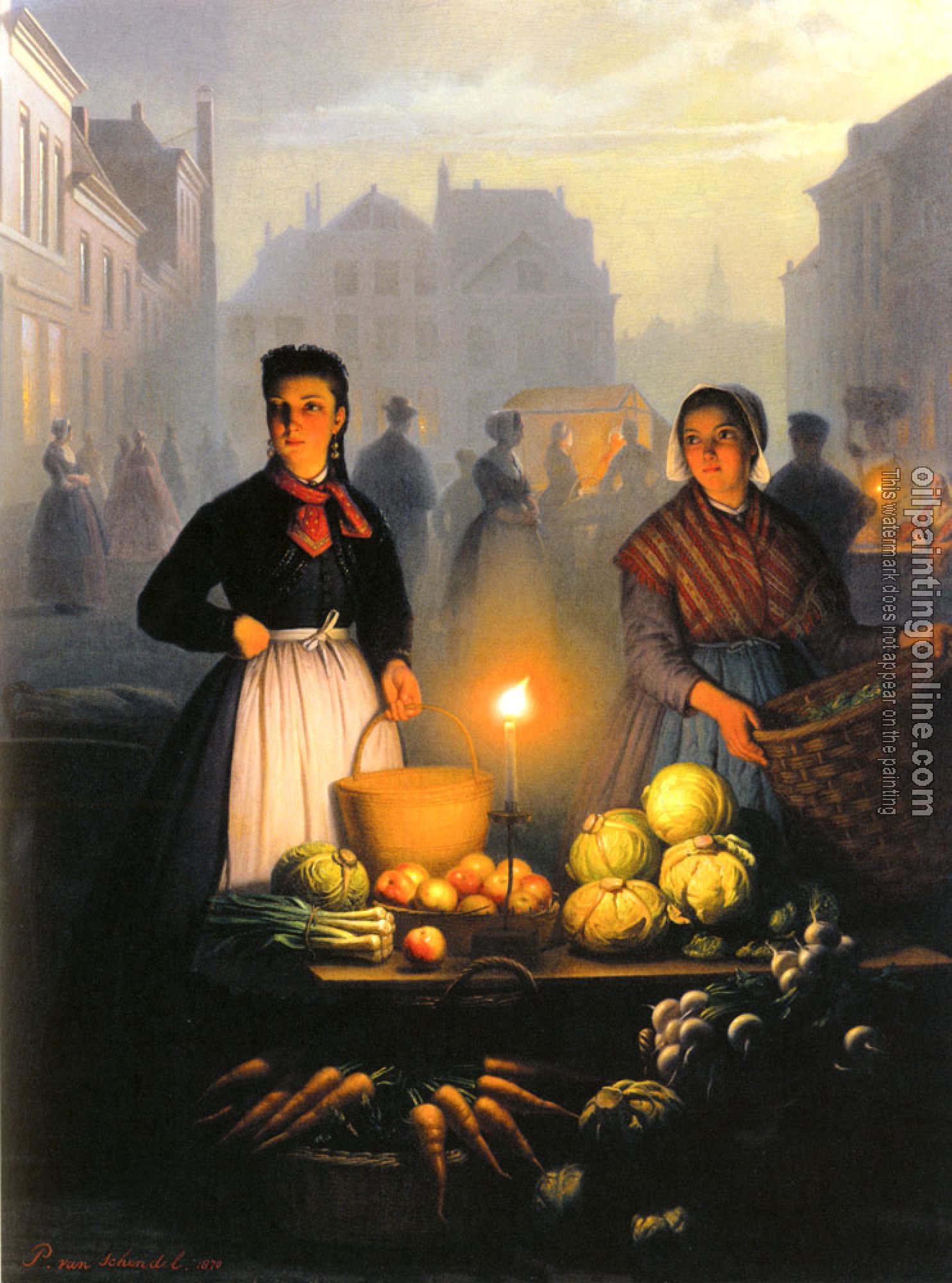 Petrus Van Schendel - A Market Stall By Moonlight